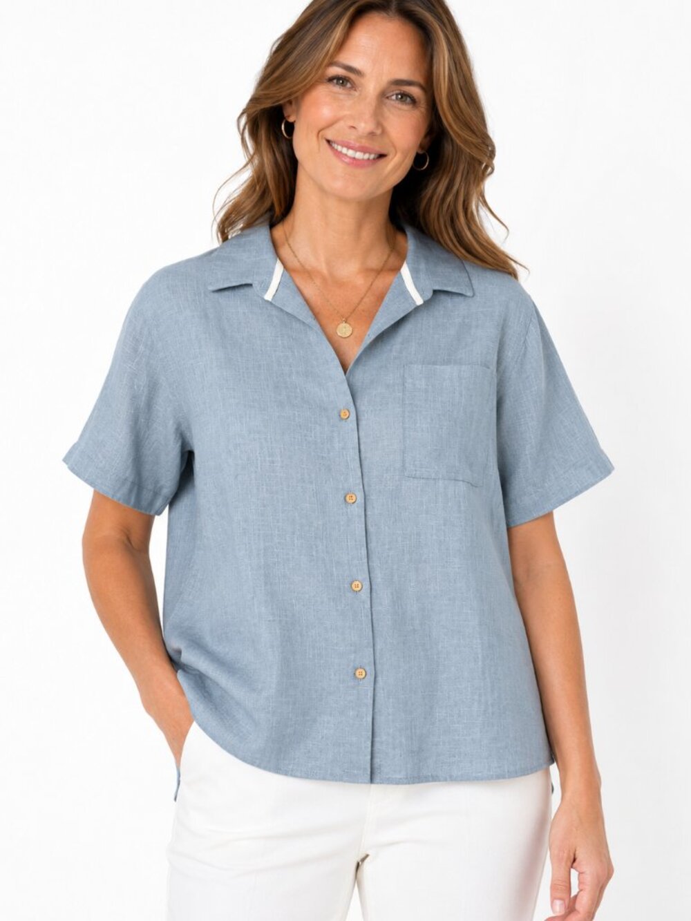 NWT 100% Linen Light Blue Button Front Blouse XXL Made In Portugal